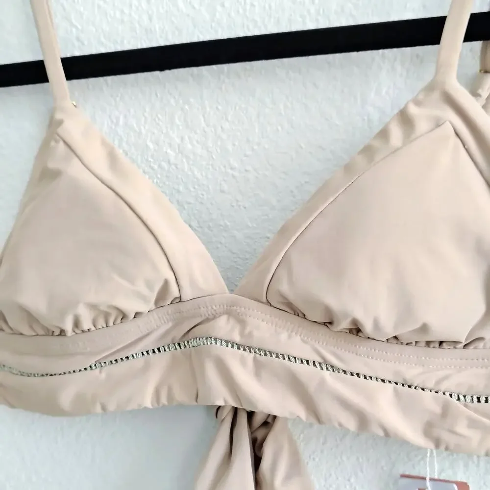 PQ Pyliq Women Small Tan Triangle Kylie Bikini Top Tie Swim NEW Boho Chic
